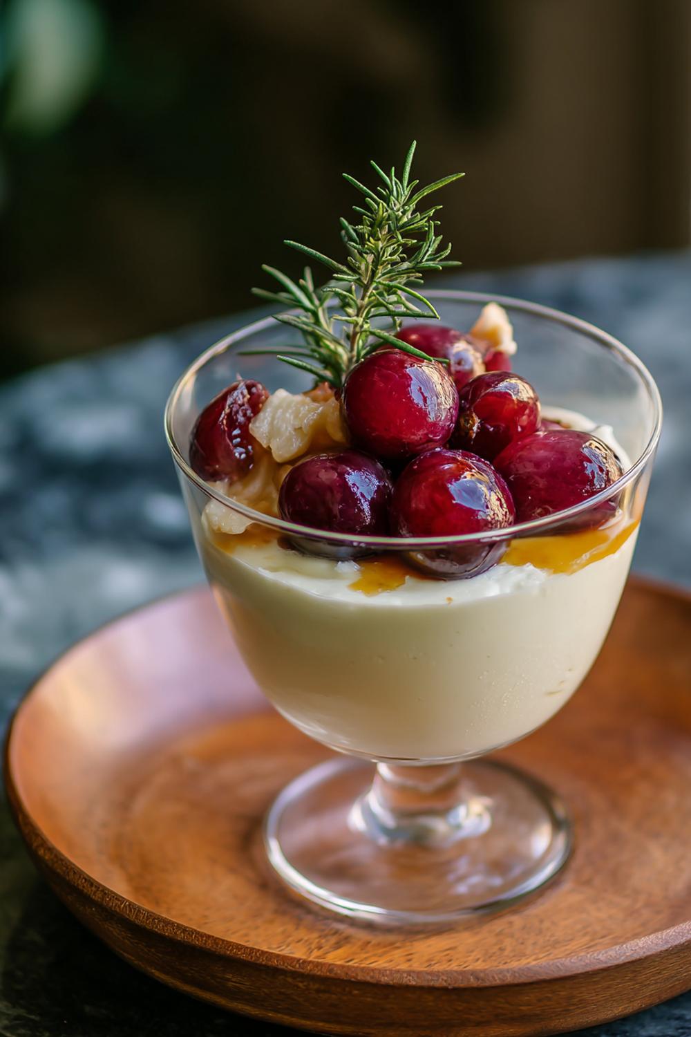 37. Vaniljkräm dessert med ugnsrostade vindruvor och rosmarin