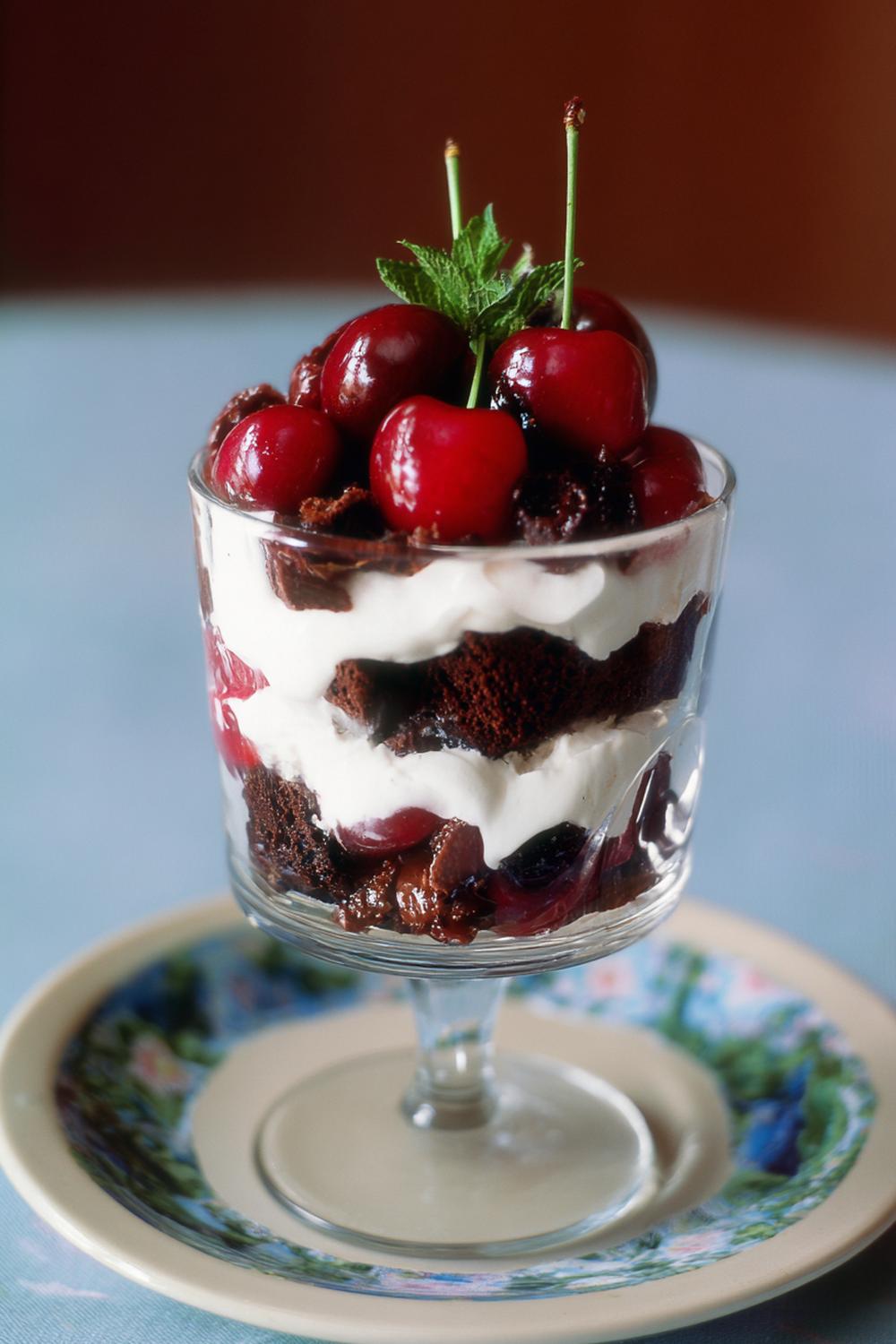 38. Vaniljkräm dessert i lager med chokladbrownie och körsbär
