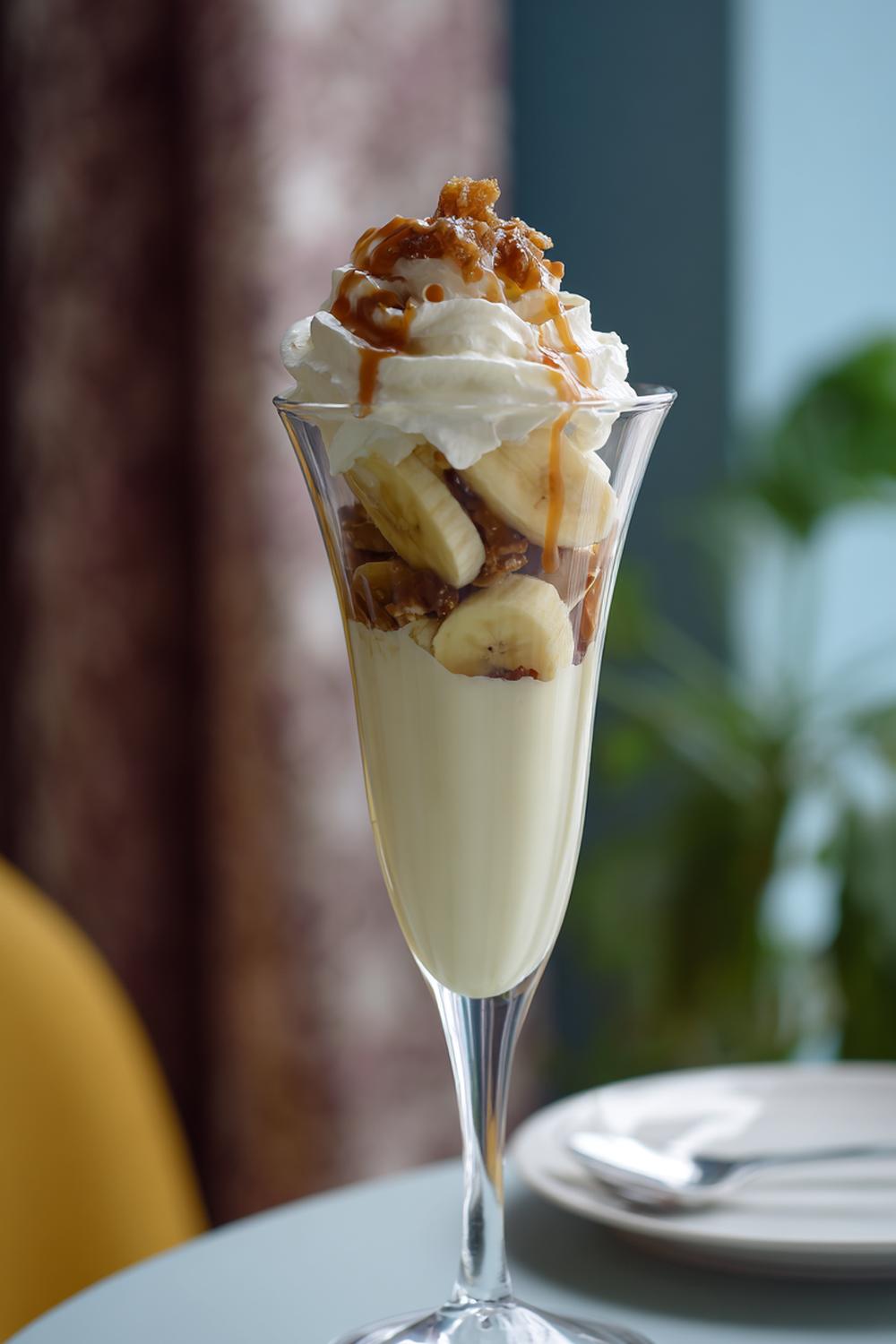 6. Vaniljkräm dessert som banan- och toffeeparfait i högt glas