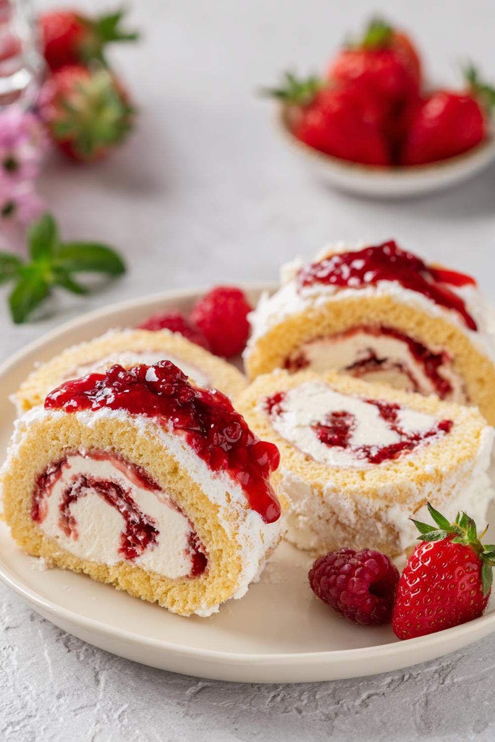 8. Vaniljkräm dessert i rulltårtskivor med sylt och bär